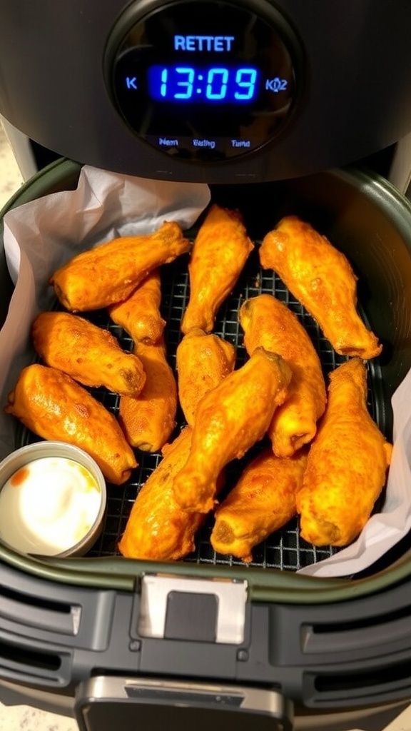 Crispy reheated chicken wings in an air fryer basket with dipping sauces on a kitchen countertop.